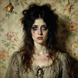 a beautiful and eerie baroque painting of a beautiful but serious woman in layers of fear, with haunted eyes and dark hair piled on her head, 1 9 7 0 s, seventies, floral wallpaper, wilted flowers, a little blood, morning light showing injuries, delicate embellishments, painterly, offset printing technique, by robert henri, walter popp, alan lee