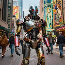 vibrant portrait of masked diesel punk robot on the art deco streets of the big city, artstation, award - winning realistic sci - fi concept art by jim burns and greg rutkowski, picasso, beksinski, masterpiece, complimentary colors, james gilleard, bruegel, alphonse mucha, and yoshitaka amano