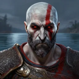kratos closeup portrait, dramatic light, lake background, 2 0 0 mm focal length, painted by stanley lau, painted by greg rutkowski, painted by stanley artgerm, digital art, trending on artstation