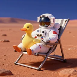 an astronaut duck resting on mars in a beach chair, soft surface texture, very realistic 3 d render, soft sun lights, 4 k, high detailed photography result, 5 0 mm lens, rich deep colors, smooth gradients, depth of field, cinematic, hyper realism, high detail, octane render, unreal engine, 8 k, vibrant colors