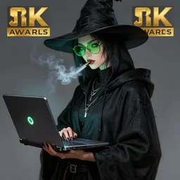 an anthropomorphic beautiful anonymous hacker portrait holding scifi laptop wearing black hoodie robe, green glasses, smoking vape, fine art, award winning, intricate, elegant, sharp focus, octane render, hyperrealistic, wizard hat cinematic lighting, highly detailed, digital painting, 8 k concept art, art by jamie hewlett and z. w. gu, masterpiece, trending on artstation, 8 k