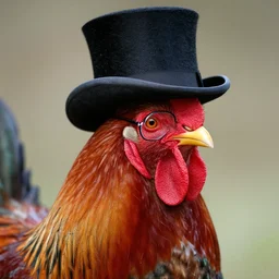 portrait of a rooster, with top hat and monocle