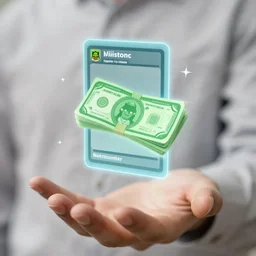 Closeup shot of an open hand holding a hologram of money, digital card game illustration, Android Netrunner
