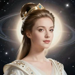 portrait of the powerful empress of the solar system in the style of charlie bowater and in the style of luis royo. glowing, ornate and intricate linework, sharp focus, stunning, dynamic lighting, ultrafine and hyperdetailed.