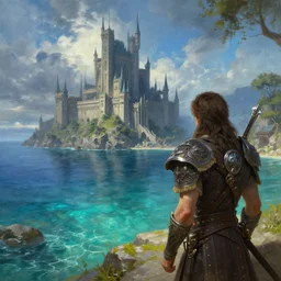 a beautiful painting looking across a crystal clear sea at stormwind castle from the warcraft movie, by greg rutkowski and kalin popov, trending on artstation, masterpiece,