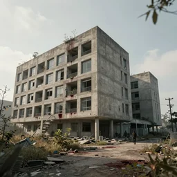 post apocalyptic hospital building, morning, building, avenue, modern contemporary urban americana concrete architecture, by pascal blanche, neil blevins, apocalyptic color palette, trending on artstation, photorealistic, wilderness ambiance, ultra detailed, high definition, depth of field, bokeh, rubble, wild vegetation, blood stains, building crumbling, human silhouettes walking