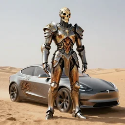 wide - angle hyper realistic concept art of an ancient intricate futuristic medieval steel armor of metallic bone carved with burned wood and gold details in the desert, ornate, portrait composition, mechanical, gears, tesla car design, volumetric lighting, hyper realistic, extremely detailed, elegant, sharp focus