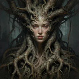 an epic highly detailed illustration of a gorgeous woman's face and a body of massive intertwining tree roots, in the style of greg rutkowski and drew struzan and algernon blackwood, realistic digital painting, muted color, brutalist futuristic, cinematic lighting, trending on artstation