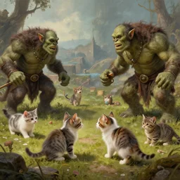 fantasy battlefield, cute kittens fighting orcs, fantasy intricate detailed, in style of gottfried helnwein realism artists,
