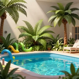 3d render of indoor pool with ferns and palm trees, pool tubes, chromatic abberation, depth of field, 80s photo,