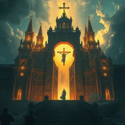 proud astral dimentional gates of golgotha portrait in a burning great astral golden christ heavenly gates cathedral of a dieselpunk civilization, greg rutkowski, rhads, ferdinand knab, makoto shinkai lois van baarle, ilya kuvshinov, rossdraws, tom bagshaw, global illumination, intricate, detailed, atmospheric lightin ~ ~ g ~ ~, golden hour