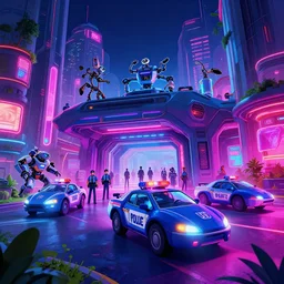 exterior shot, ready player one, police department, scifi futuristic vehicles, robots  , people  , neon lights, james gurney, katsuhiro otomo, james paick, cinematic lighting, artstation, vibrant nature, anime style, Craig Mullins, Greg Rutkowski, Pete Morbacher, Tuomas Korpi, tekkon kinreet, volumetric light, artstation, , octane render, redshift render, low angle camera, HDRI