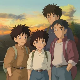 sunset, cute boys, in the style of studio ghibli, j. c. leyendecker, greg rutkowski, artgerm