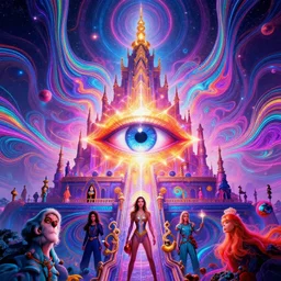 cosmic third eye magical radiating temple, infinite psychedelic waves, synthwave, bright neon colors, highly detailed, cinematic, panoramic, tim white, michael whelan, roger dean, bob eggleton, lisa frank, vladimir kush, kubrick, kimura, isono