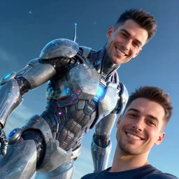 instagram selfie!!!!!!!!!!!!!!!!!. relatable dynamic close offset angled portrait with subject in bottom right corner looking at viewer. interdimensional cosmic traveler. exotic anomaly. smiley heroic masculine futuristic geometric cybertronic muscular spacesuit. octane cg render, volumetric. artgerm, beeple. frank frazetta, jack kirby