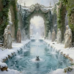 colonial fountains of frozen water flooding a ghost town grand canal, snow, stoic, spirits covered in drapery, archways made of lush greenery, ice coming out of windows, light dust, magnificent, hyperdetailed, theatrical, close up, masterpiece, painted by jean honore fragonard and greg rutkowski and rob alexander