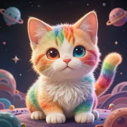smooth detailed art of Rainbow kittens in space, psychedelic DMT art, well lit, digital art, expressive beautiful, award winning, high quality, key visual, 4k hd, sharp, backlit, gorgeous lighting, painted by Pablo Amaringo