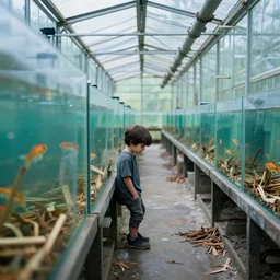boring depressing photo of a infinite length rectangular glasshouse, a boy looks into fish tanks full of sticks and dead leaves