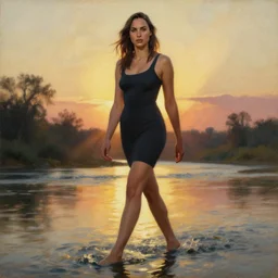 Portrait of the beautiful woman Gal Gadot, she is posing, she is walking on a river, she is getting ulluminated by the rays of the sunset, the photo was taking by Steve McCurry, matte painting, oil painting, naturalism, 4k, 8k