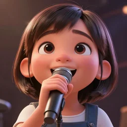 a portrait of cute Asian girl singing, short hair, in the style of DreamWorks animation, low angle view, 16mm lens, award winning, hyper detailed, dramatic lighting, artstation, octane renderer, unreal engine