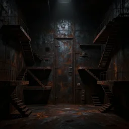 huge, very dark room, with rusty metallic walls, metal door, no windows, pitch black darkness all around, platforms with staircases everywhere, lots of stairs, digital art, concept art, high detail, eerie, single light source, style of jordan grimmer