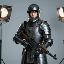 Korean Actor Park Solomon as Kazuki Fuse in Live Action Jin Roh: The Wolf Brigade, wearing full armor holding his MG 42 machine Gun, Studio Lighting, Mamoru Ushii