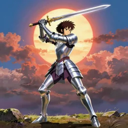 a ultra detail picture portrait of A mystical warrior in shimmering armor wielding a legendary sword, the sun at their back, strides forward with sword held high. They are the embodiment of courage and strength, and they are ready to fight for what is right. vivid tones, wide angle, by miyazaki, nausicaa ghibli, 8k, photorealistic,