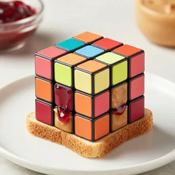 A peanut butter and jelly sandwich in the shape of a Rubik’s Cube, professional food photography