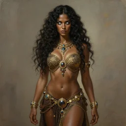 character design, medieval, a woman with long dark curly hair and white eyes, she is adorned in jewels, belly dancer, stoic, brown skin, alone dramatic, epic painting, painted by wlop and nixeu, cgsociety, beautiful, semirealism, artbreeder, artstation, volumetric light, octane render, sharpness, 8 k, golden ratio