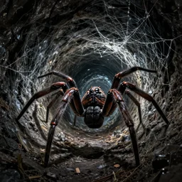 a monstrous spider in a dark tunnel, cobwebs, in the style of ralph horsley, dramatic lighting, atmospheric, low angle, wide angle, hyper - realistic, concept art, highly detailed digital painting