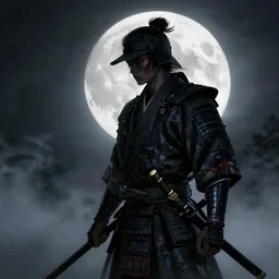 '2d design graphic a samurai in the night ,big white moon background , gloomy and foggy atmosphere, octane render, artstation trending, horror scene, highly detailded'