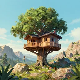treehouse in the rocky hills, Low level, rendered by Beeple, Makoto Shinkai, syd meade, simon stålenhag, synthwave style, digital art, unreal engine, WLOP, trending on artstation, 4K UHD image, octane render,