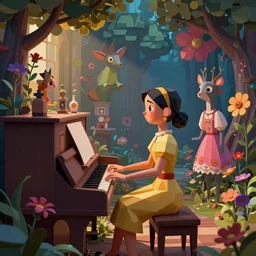 low poly, pixar, la pianista Elesky tocando su piano en un surreal hybrid animals, nostalgia for a fairytale, magic realism, flowerpunk, mysterious vivid colors by andy kehoe and amanda clarke en un mundo de Gediminas Pranckevicius y Shamsia Hassani