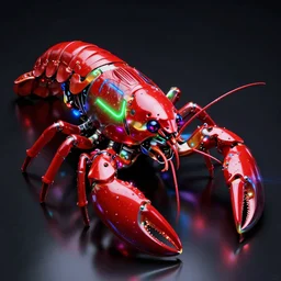 an extremely high quality render of a cybernetic futuristic looking robot crayfish with red, green, and blue lights, an ambient occlusion render by cedric seaut and keos masons, highly polised, reflective surfaced, machine - like, highly reflective, caustics, leds, neons, dramatic lighting, 8 k, cyborg, glowing eyes, cgsociety, generative art,