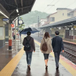 walking around ozu city and shimonad station, ehime, japan. volumetric lighting, realistic illustration, rain, perfectly shaded, soft painting, art by krenz cushart and wenjun lin