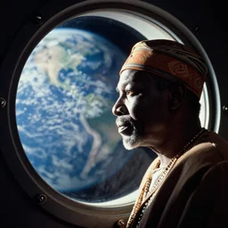 analogue photo of an African tribal chief looking out the porthole window of a spaceship, close-up, earth in reflection, photo shot by martha cooper, 35mm,