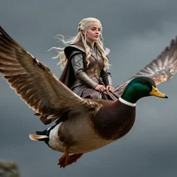 daenerys targaryen riding a giant flying mallard, cinematic lighting 4 k