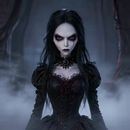 full shot portrait of angry darkness anime girl, gothic clothing, worrying eyes, inspired by Tim Burton, detailed, unreal engine 4k volumetric light, fog,