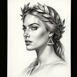 realism tattoo sketch of margot robbie as a beautiful greek goddess aphrodite with piercing eyes wearing a laurel wreath and triangle earrings, in the style of greg rutkowski, amazing detail, side view
