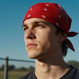 young white guy in a red bandana staring at a blue sky with a fence in the background, photo, photoshoot, detailed