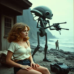 she makes the deep boil. dark fantasy about casually - dressed women with male humans in dirty seaside town, a globster, and beautiful song. color!! cinematic still from a 1 9 6 1 low - budget hunting!!! hybridizing!! alien - robot invasion science - fiction movie by roger corman. assimilating alien military vehicles and weapons.