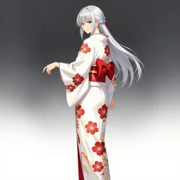 beautiful girl, silver hair, white kimono with complex red flower patterns, full body shot, looking to camera, showing her back partially, goddess, ilustration by Takehiko Inoue ((and Krenz Cushart))