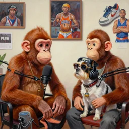 a hyper realistic painting of a rapper monkey with a hipster dog, chatting together on a podcast, and behind them a gallery of sports funkos