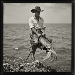tintype photo, bottom of the ocean, cowboy riding squid