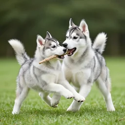 husky puppy playing tug-of-war
