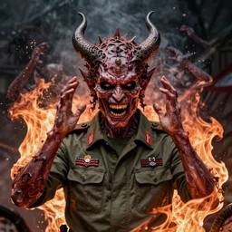 igor ivanovich strelkov became an bloody aggressive degraded satanic hellfire demon calling for total mobilization, photo - realistic, color image, 2 k, highly detailed, bodyhorror, occult art