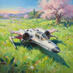 an extraordinarily beautiful oil painting of an x - wing fighter in a landscape in spring during sunrise ; lush vegetation ; the most beautiful painting in the world ; by makoto shinkai and craig mullins