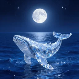 a crystal whale peeking out of the blue sea, a full moon illuminating the sea in the dark night, the stars shining, a dreamy crystal atmosphere ， super wide angle ， matte painting ， rtx on ， by karine eibatova and jordan grimmer and john pitre ， trending on cgsociety and artstation, volumetric light ， surreal