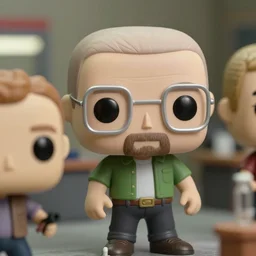 beautiful three point perspective film still of happy funko pop walter white meth lab in breaking bad, extreme closeup portrait in style of frontiers in miniature porcelain photography fashion edition, miniature porcelain portrait, eye contact, tilt shift style scene background, soft lighting, kodak portra 4 0 0, 8 k, macro, cinematic style by emmanuel lubezki