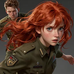 Very complicated dynamic composition, realistic anime style at Pixiv by WLOP, ilya kuvshinov, krenz cushart, Greg Rutkowski, trending on artstation. Zbrush sculpt colored, Octane render in Maya and Houdini VFX, close-up portrait of redhead girl in motion, she is frightened, wearing military uniform, silky hair, stunning deep eyes. Very expressive and inspirational. Amazing textured brush strokes. Cinematic dramatic soft volumetric studio lighting